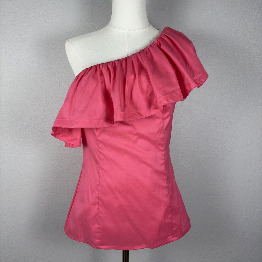 Trina Turk Ruffle One Shoulder Sleeve Top Blouse Womens Size 2 Pink Barbiecore